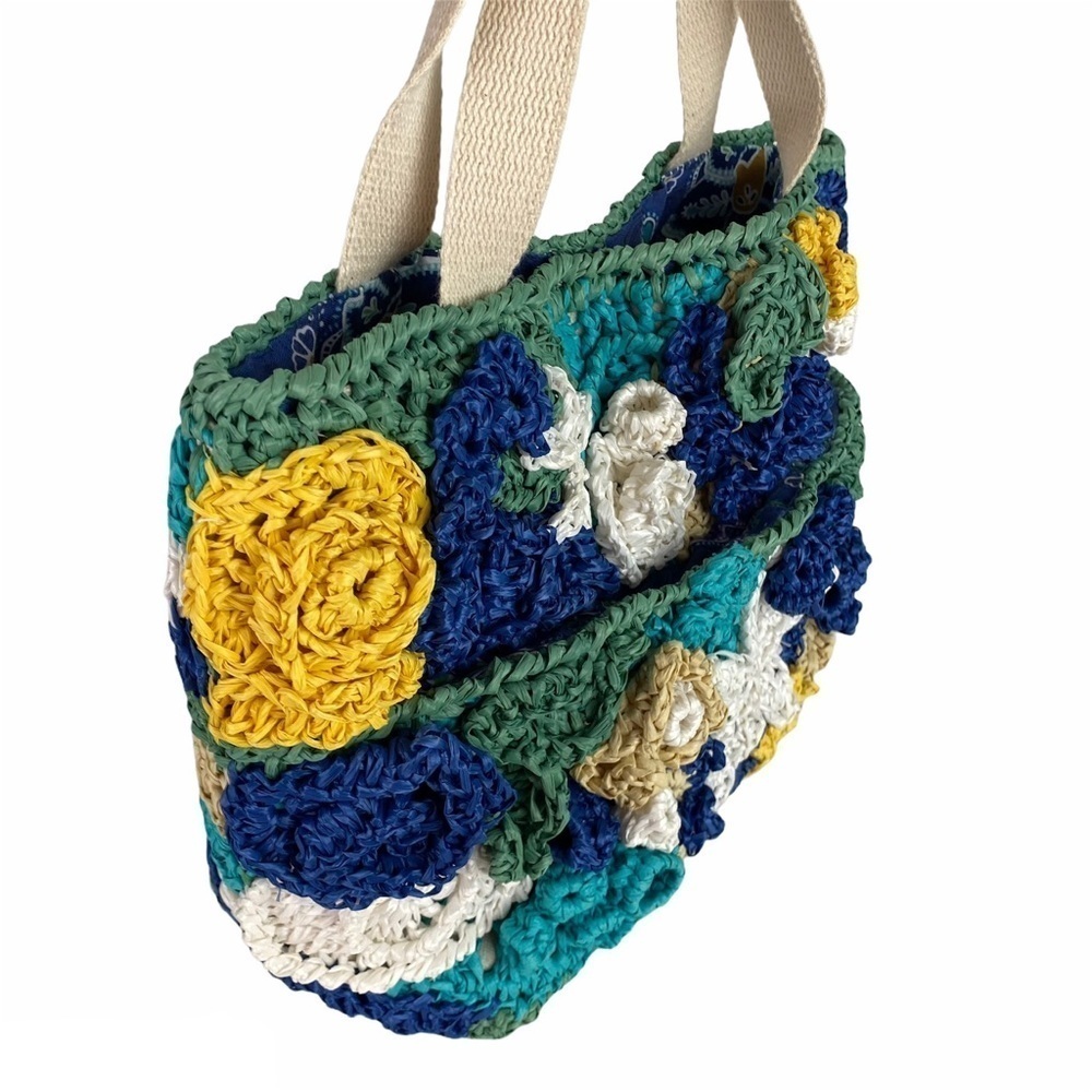 Vintage Woven Satchel Bag Purse Straw Floral Multi Colored Blue White So Cute - Picture 8 of 9